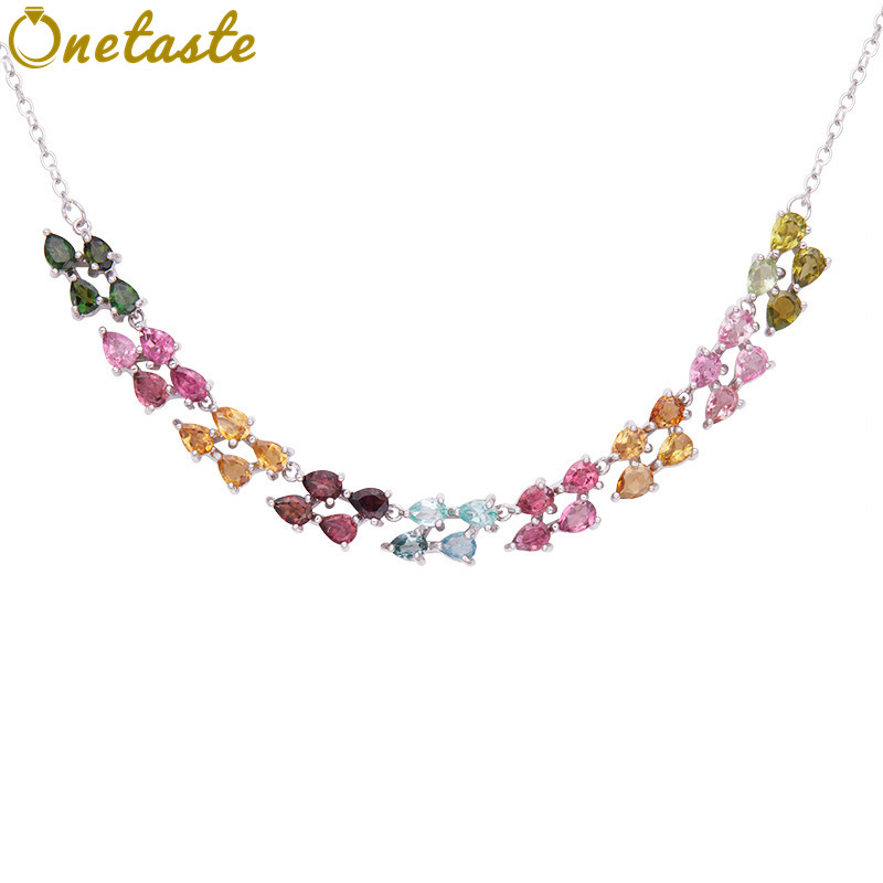 Charm Necklace Dainty - 925 فضة ملون التورمالين حجر صفين